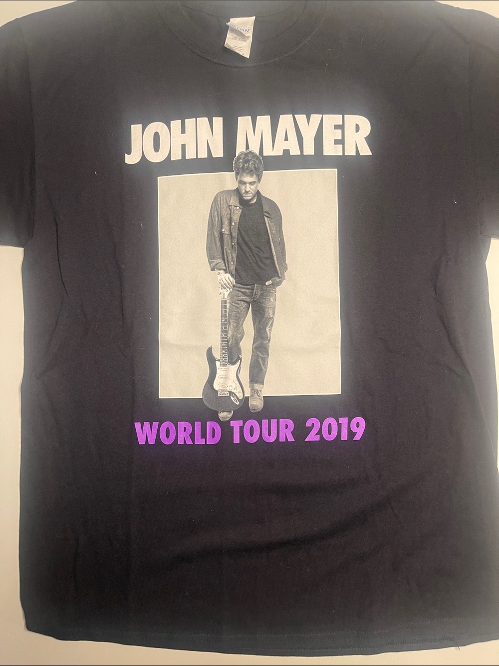 Gildan Black John Mayer World Tour 2019 Tee with White Photo and Purple Text